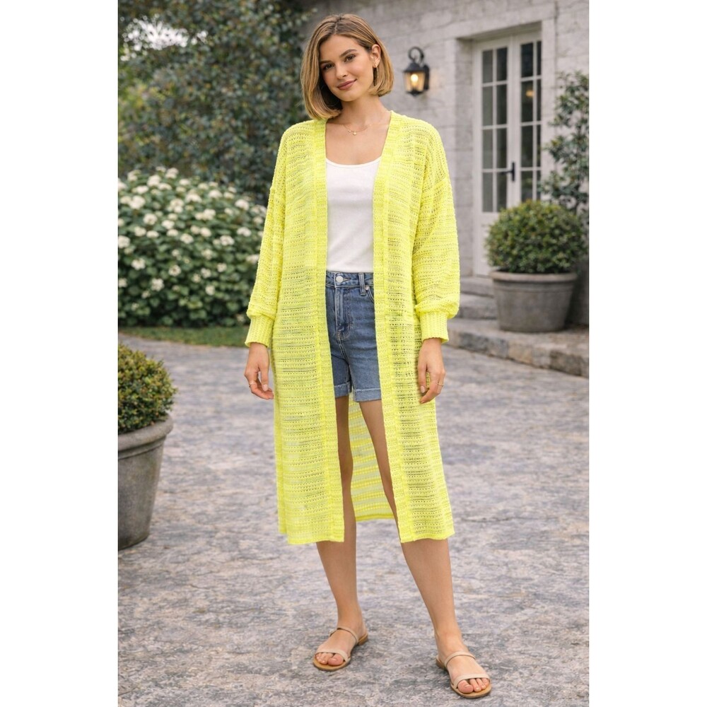 ANTHROPOLOGIE Women's Cardigan One‎ Size Neon Yellow Sheer Knit Open Front Long